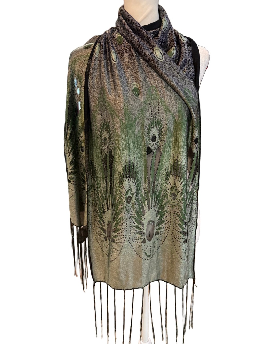 Green black Peacock Feather Pattern Scarf wrap. Sparkle fringe rectangle